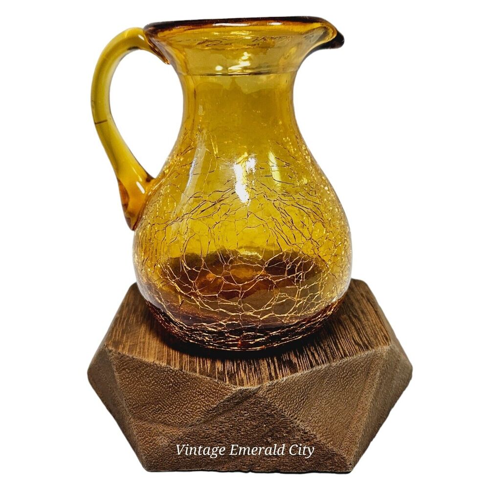 Vtg Handblown Cruet Mini Pitcher 4 In Amber Crackle Art Glass & Wooden Base Set